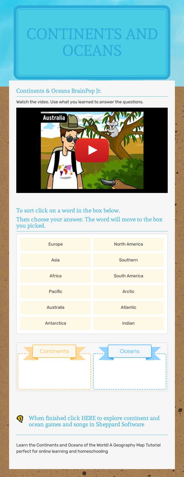 Continents and Oceans worksheet preview image