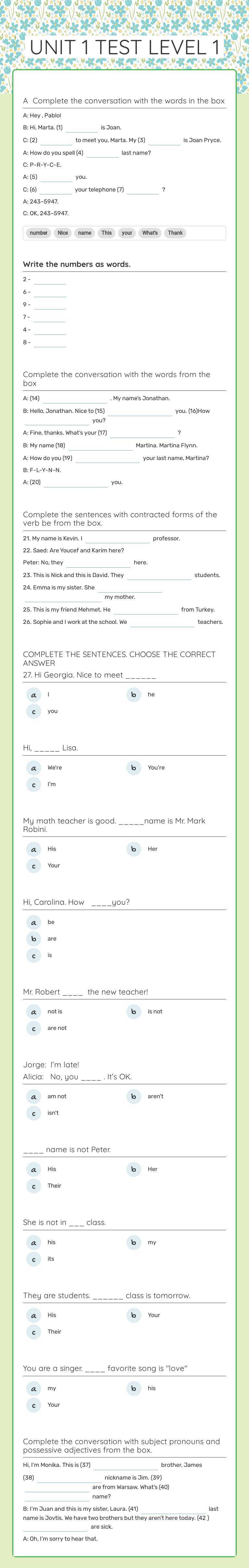 UNIT 1 TEST LEVEL 1 worksheet preview image