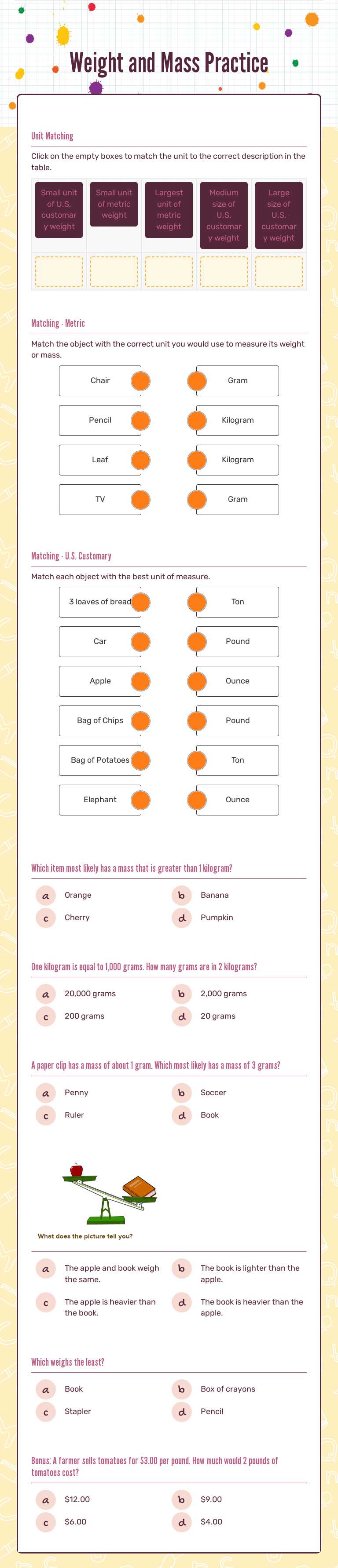 Weight and Mass Practice worksheet preview image