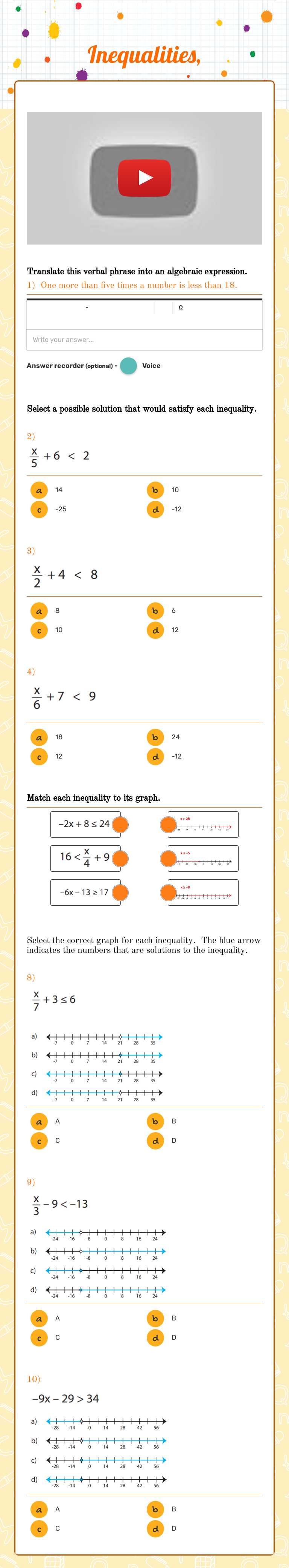 Inequalities, Grade 7 worksheet preview