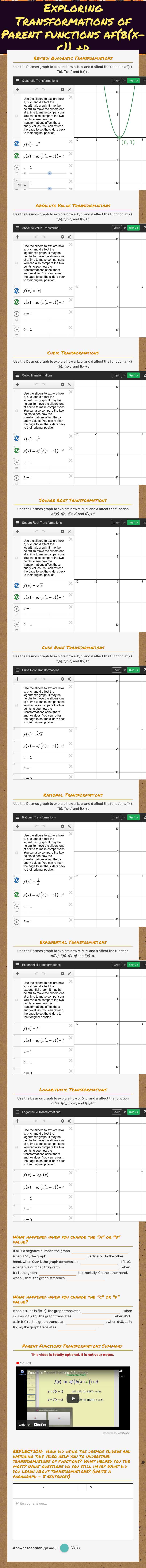 Exploring Transformations of Parent functions  af(b(x-c)) +d worksheet preview image