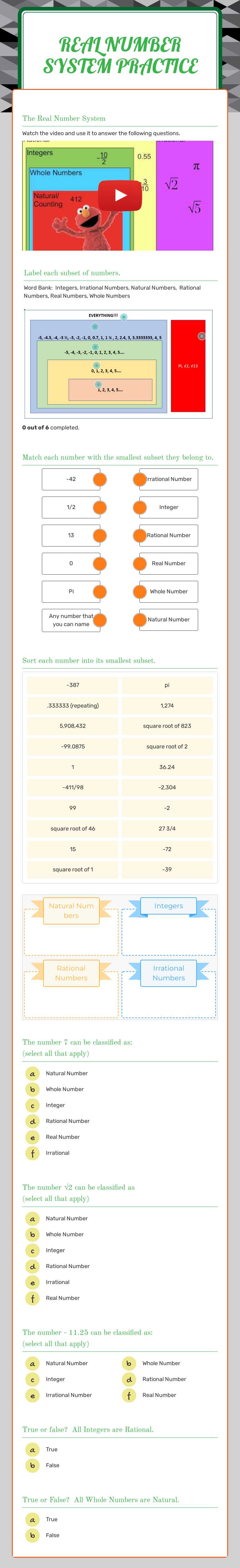 Real Number System Practice worksheet preview image