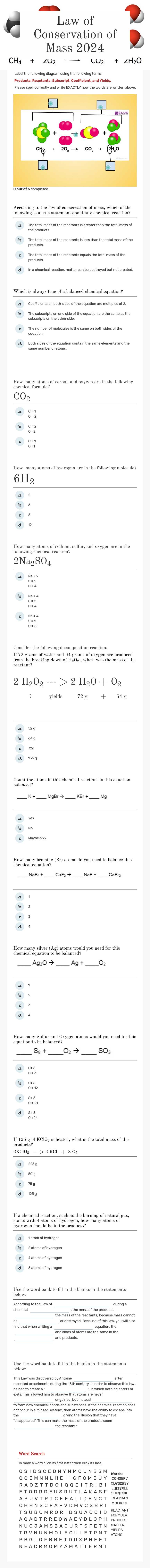 Law of Conservation of Mass 2024 worksheet preview image