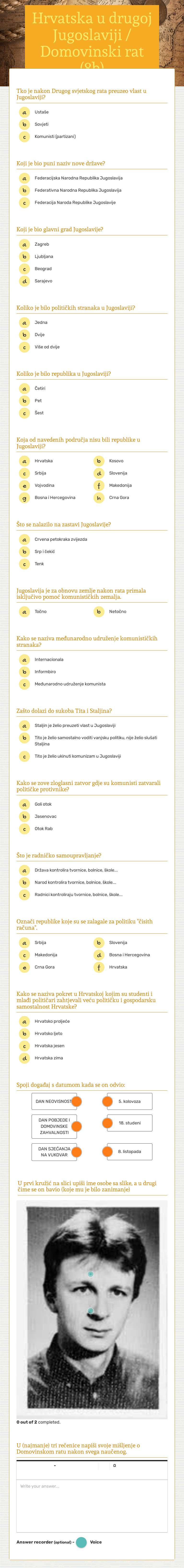 Hrvatska u drugoj Jugoslaviji  / Domovinski rat (8b) worksheet preview image