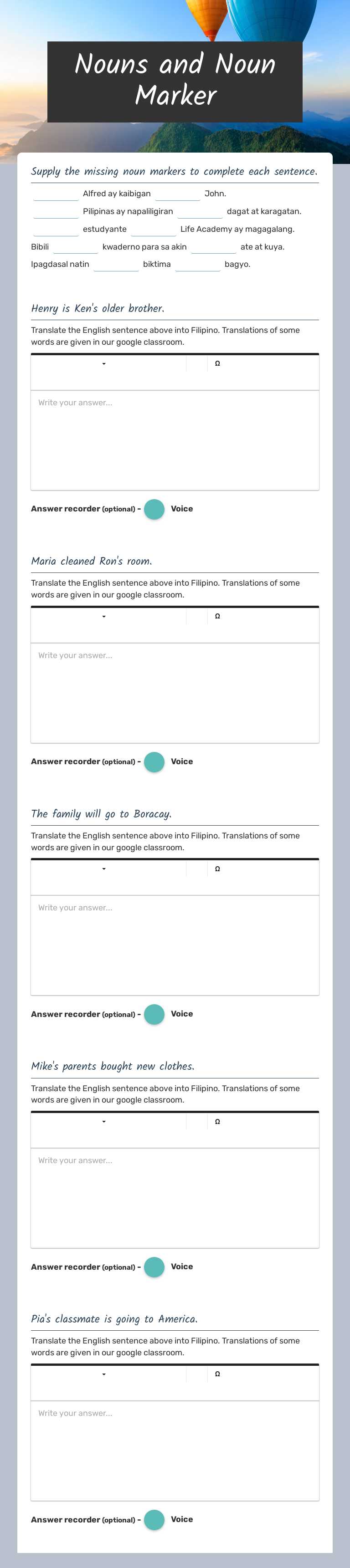 Nouns and Noun Marker worksheet preview image