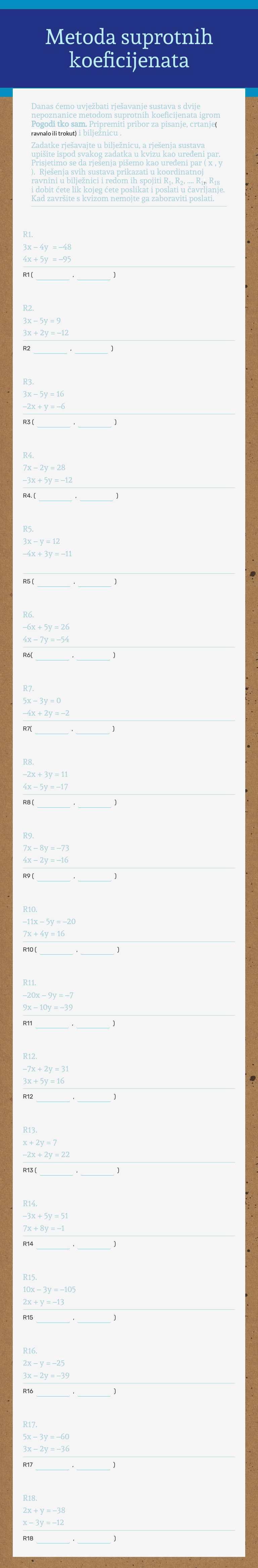 Metoda suprotnih koeficijenata worksheet preview image