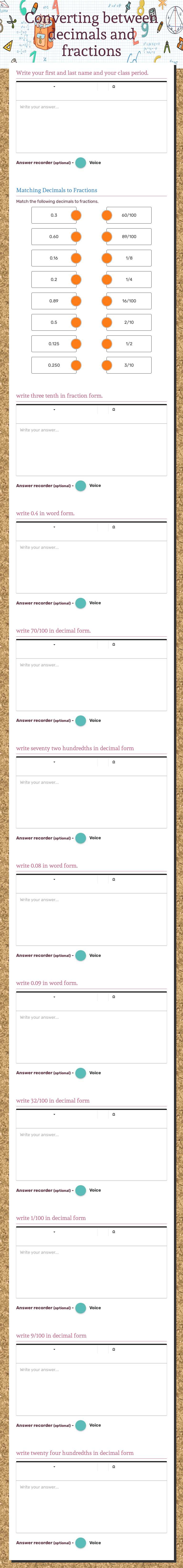Converting between decimals and fractions worksheet preview image