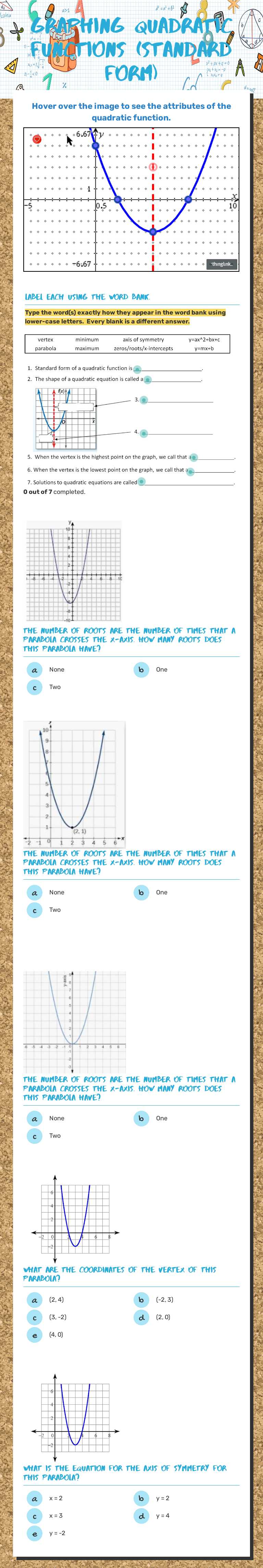 Graphing Quadratic Functions (Standard Form) worksheet preview image