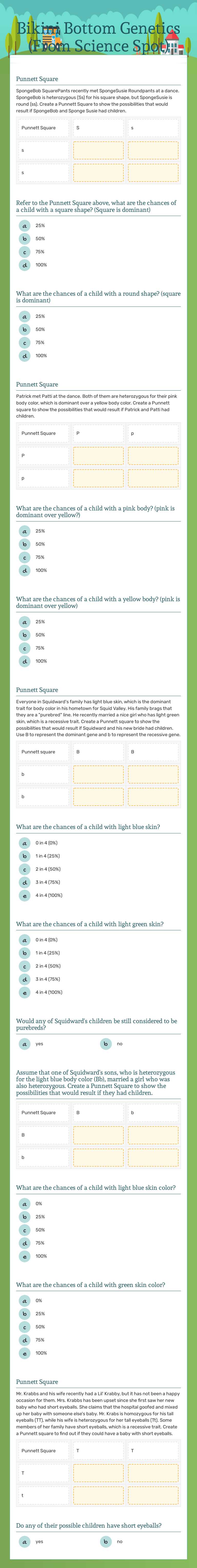 Bikini Bottom Genetics (From Science Spot) worksheet preview image