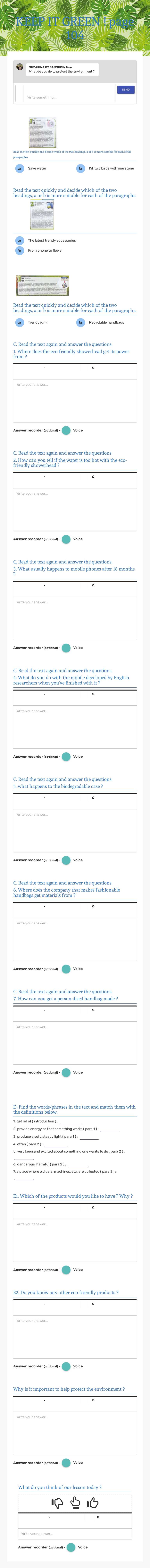 KEEP IT GREEN !            page 104 worksheet preview