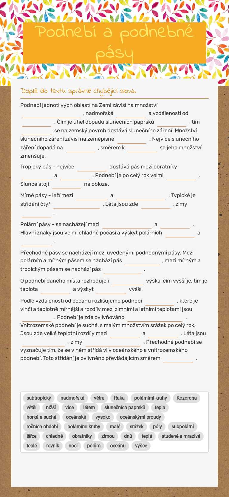 Podnebí a podnebné pásy Grade 6 worksheet preview