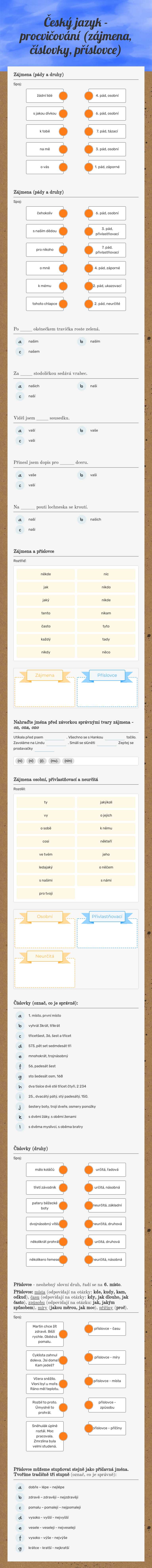 Český jazyk - procvičování (zájmena, číslovky, příslovce) worksheet preview image