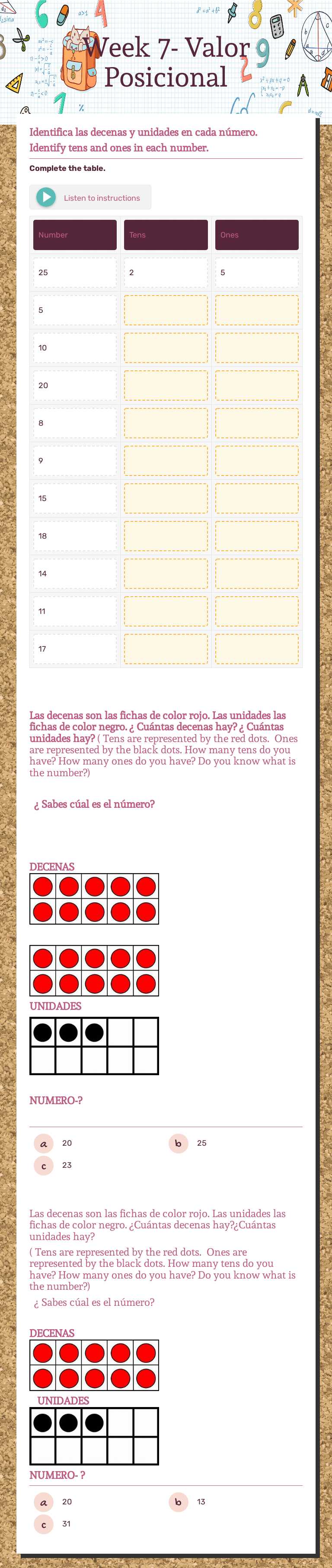 Week 7- Valor Posicional worksheet preview image