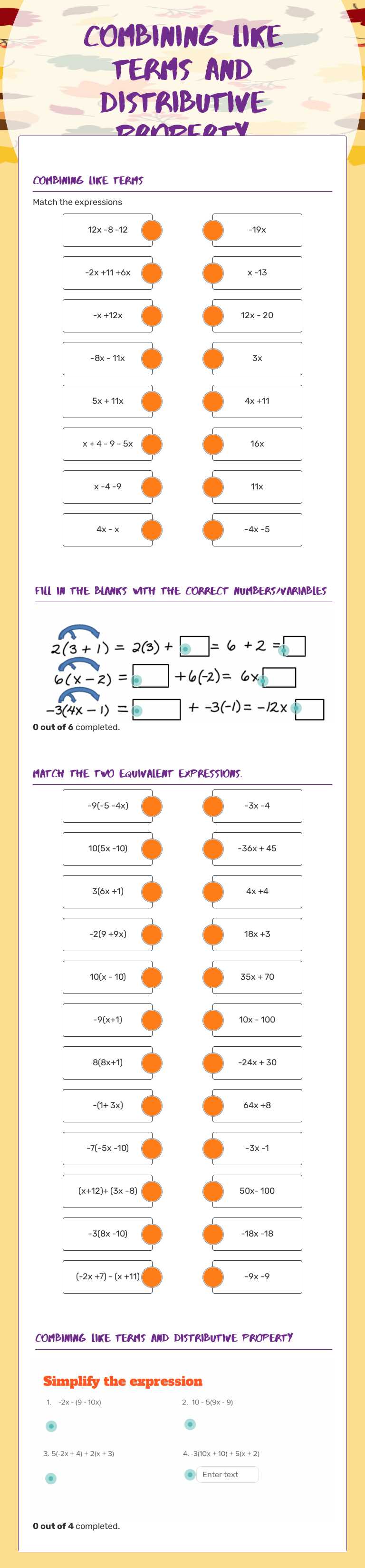 Combining Like Terms and Distributive Property Grade 7 worksheet preview