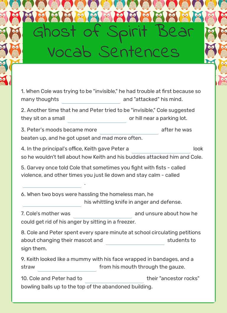 Ghost of Spirit Bear Vocab Sentences Grade 7 worksheet preview