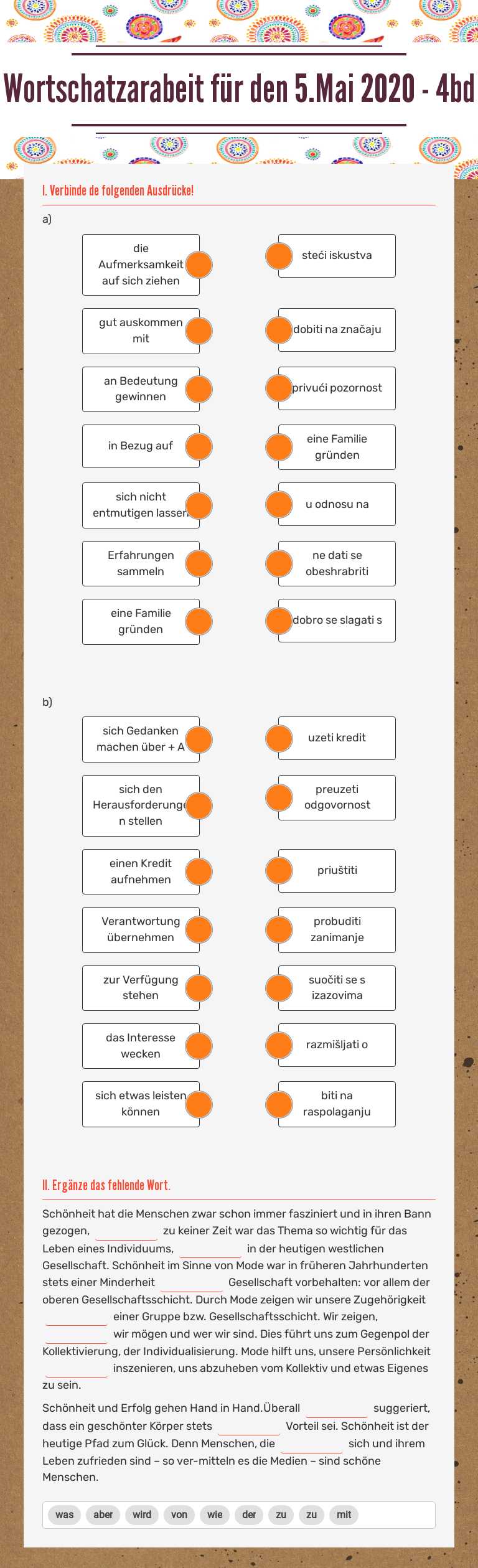 Wortschatzarabeit für den 5.Mai 2020 - 4bd Grade 12 worksheet preview