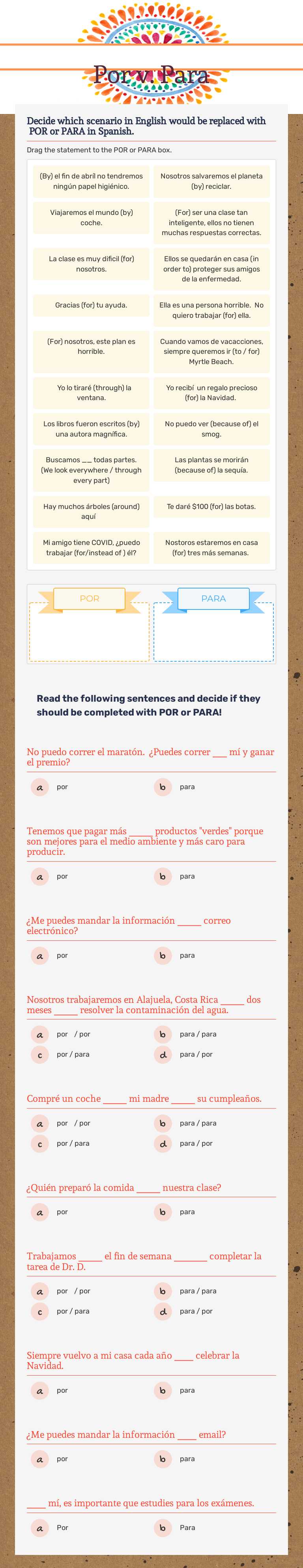 Por v. Para worksheet preview image
