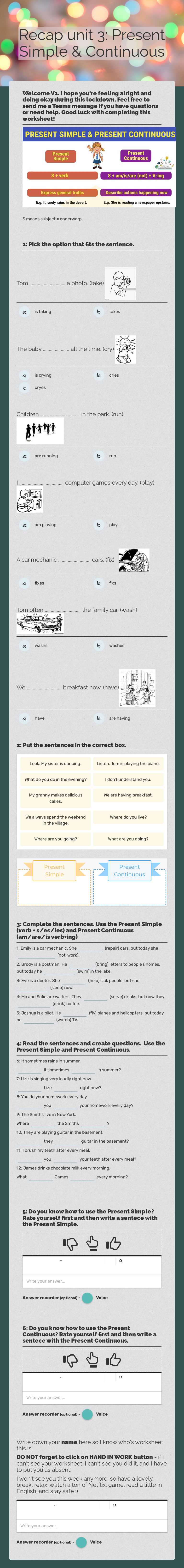 Recap unit 3: Present Simple & Continuous Grade 7 worksheet preview