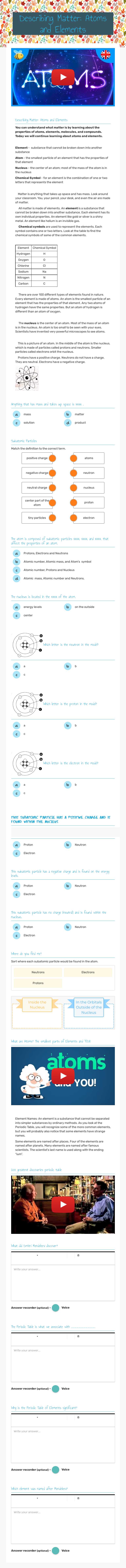 Describing Matter: Atoms and Elements worksheet preview image