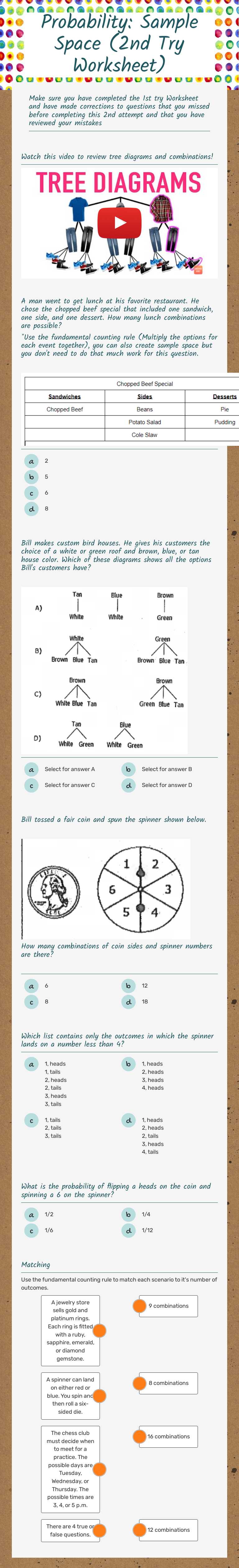 Probability: Sample Space (2nd Try Worksheet) worksheet preview image