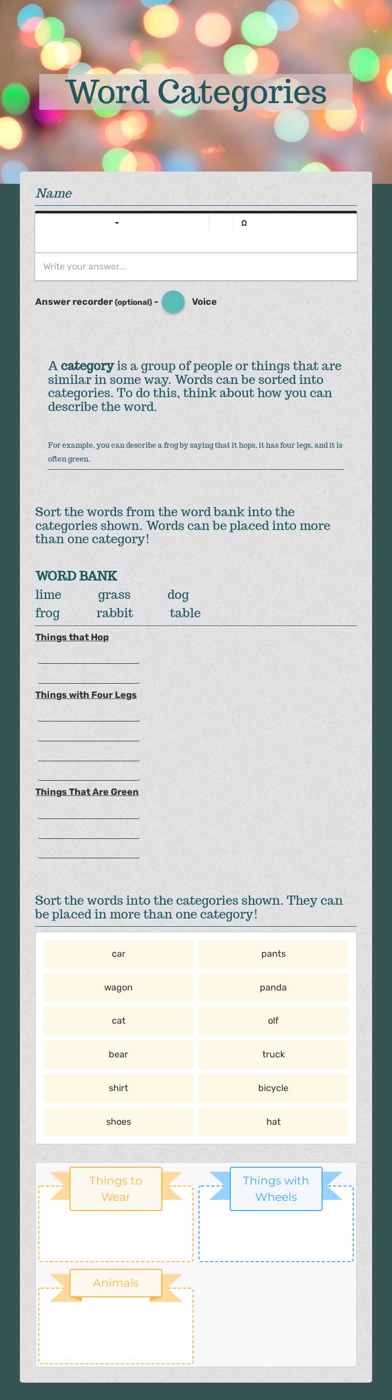 Word Categories Grade 1 worksheet preview