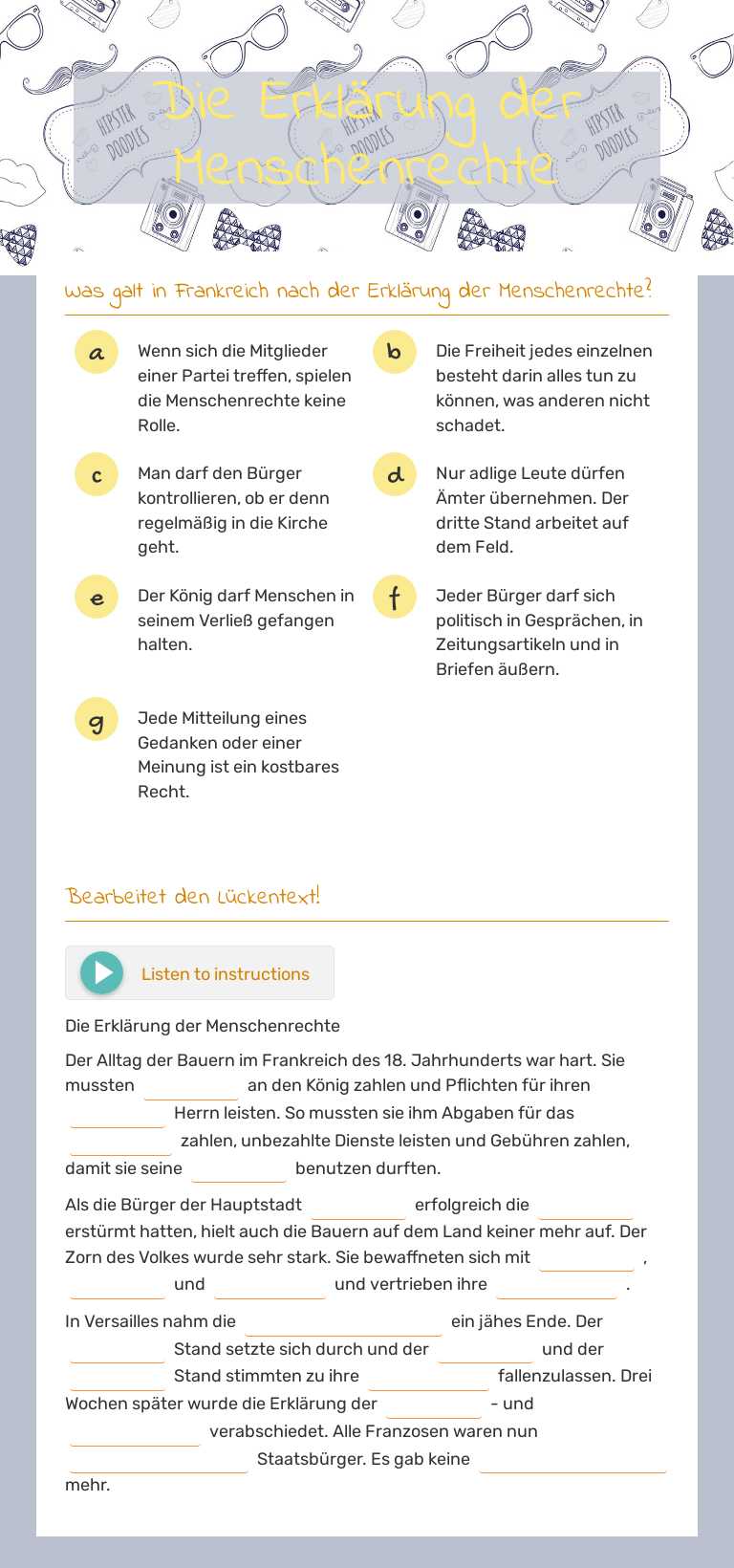 Die Erklärung der Menschenrechte worksheet preview image