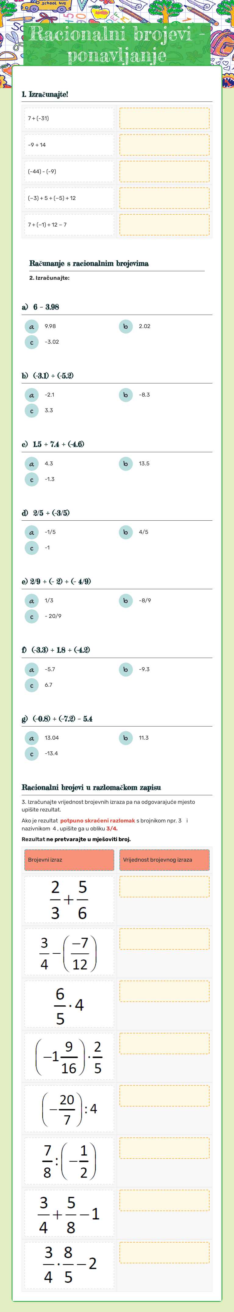 Racionalni brojevi - ponavljanje Grade 6 worksheet preview