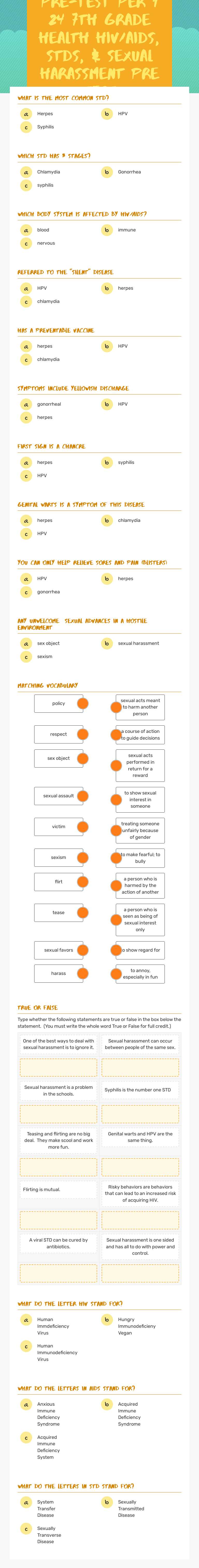 Pre-Test Per 1 24 7th Grade Health HIV/AIDS, STDs, & Sexual Harassment Pre Test worksheet preview image