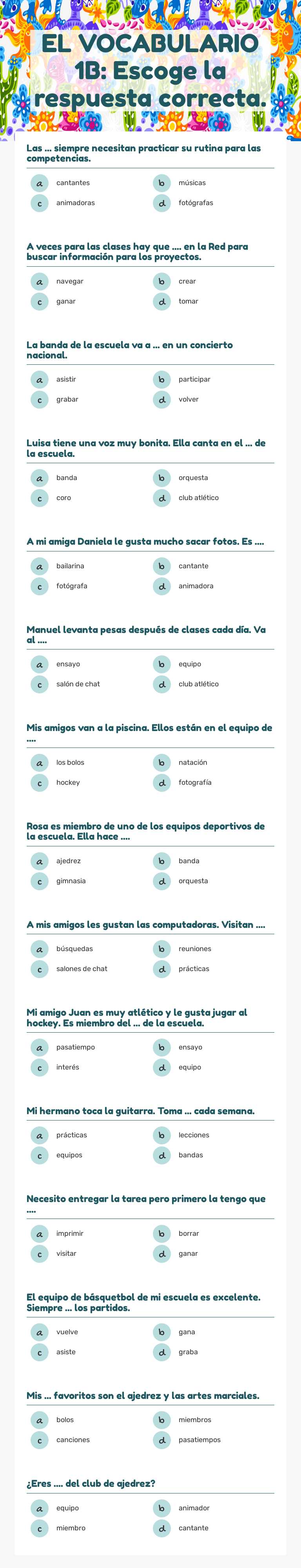 EL VOCABULARIO 1B: Escoge la respuesta correcta. Grade 5 worksheet preview