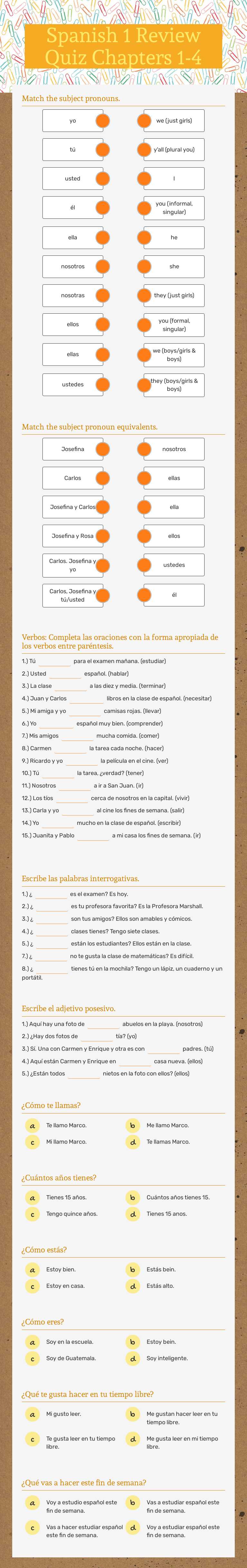 Spanish 1 Review Quiz     Chapters 1-4 worksheet preview image