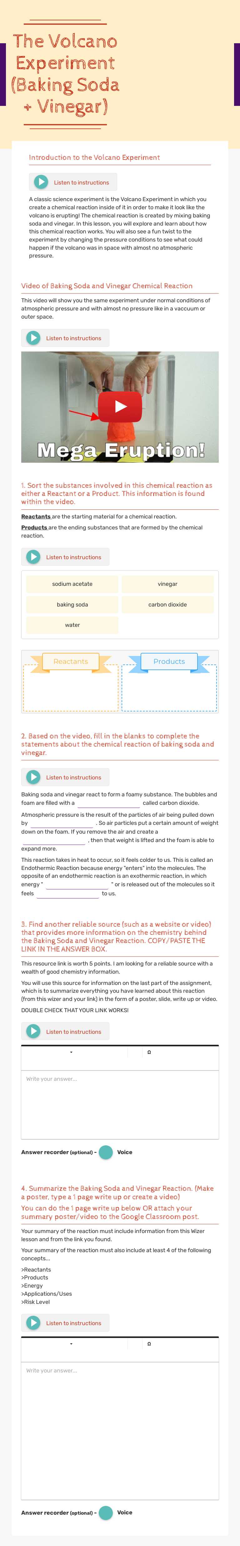 The Volcano Experiment (Baking Soda + Vinegar) worksheet preview image