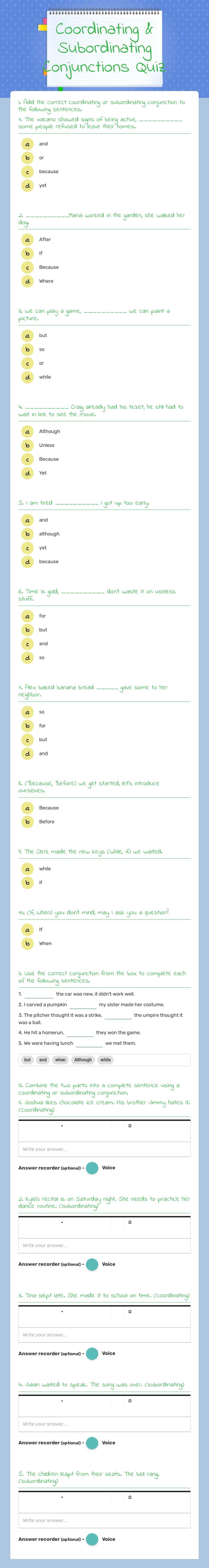Coordinating & Subordinating Conjunctions Quiz worksheet preview image