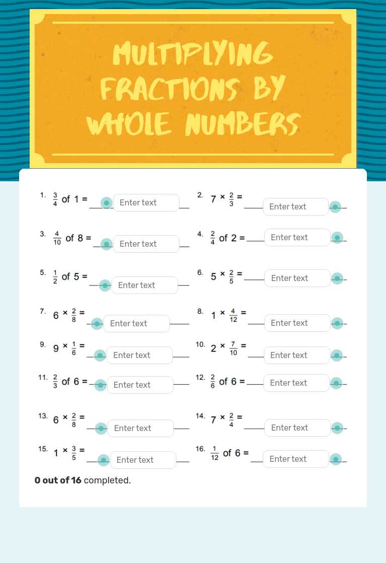 Multiplying fractions by whole numbers Grade 5 worksheet preview