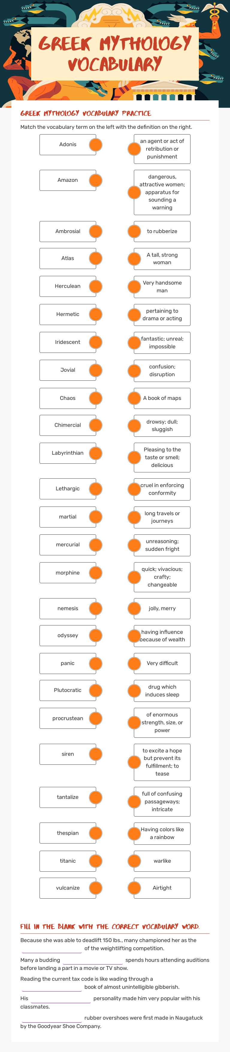 Greek Mythology Vocabulary worksheet preview image