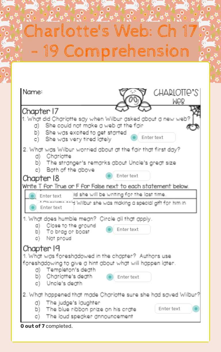 Charlotte's Web: Ch 17 - 19 Comprehension worksheet preview image