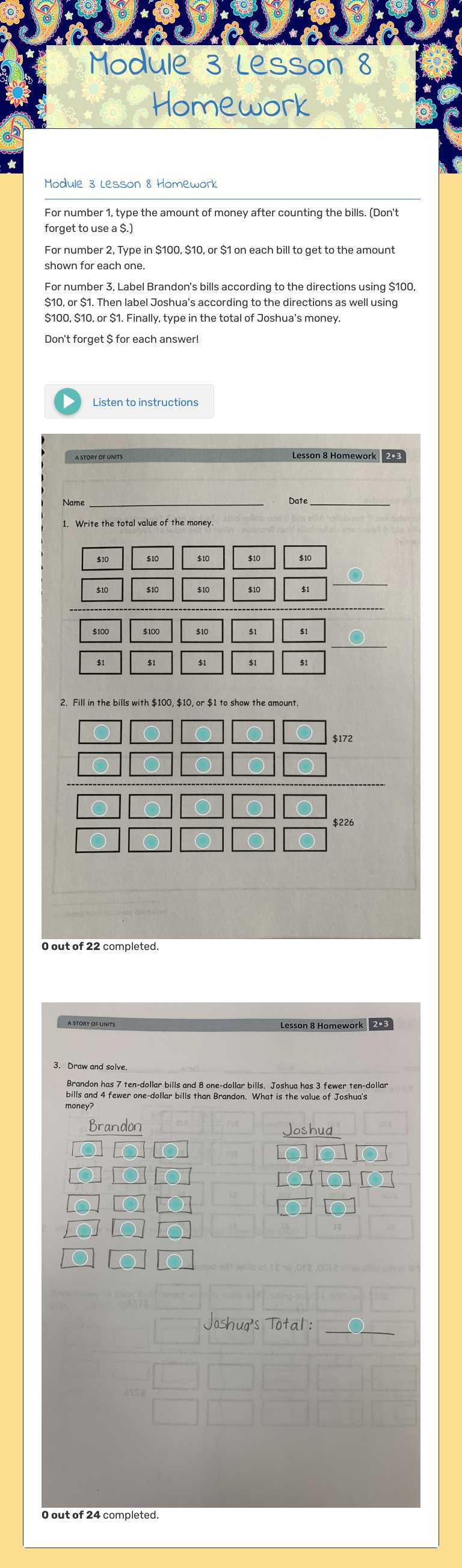 Module 3 Lesson 8 Homework worksheet preview image