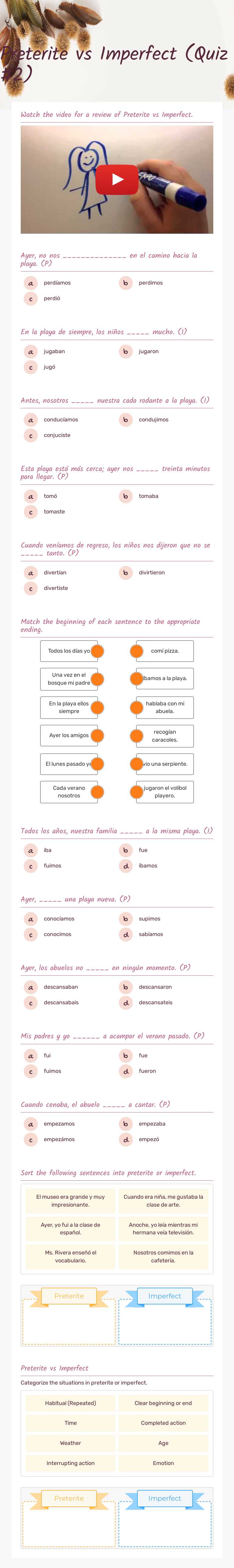 Preterite vs Imperfect (Quiz #2) worksheet preview image