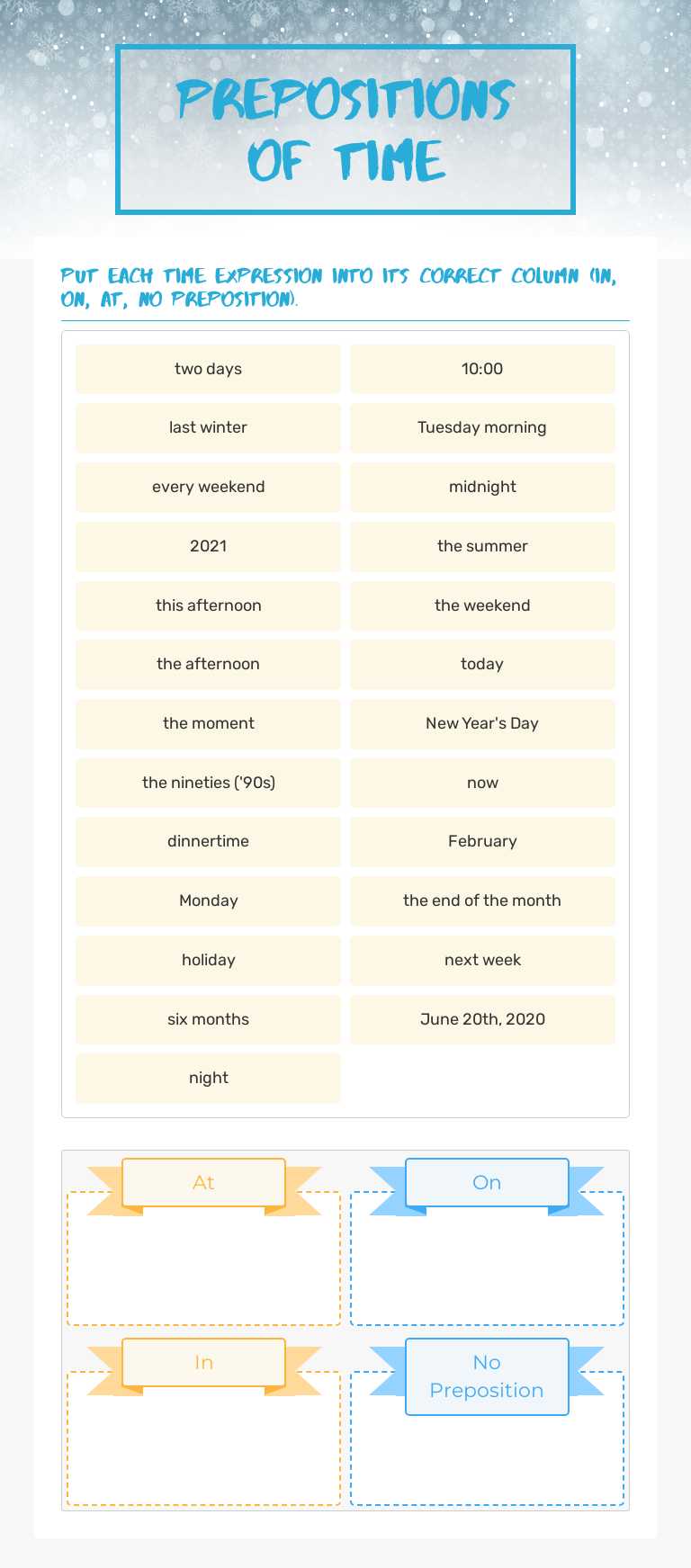 Prepositions of Time by Windsor Soe | Interactive Worksheet | Wizer.me