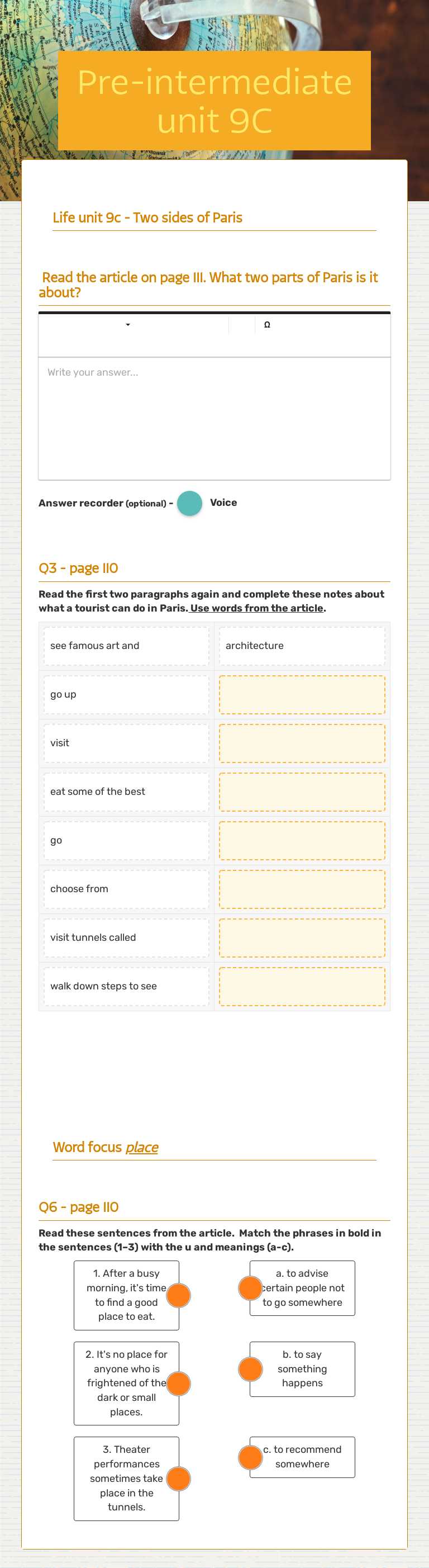 Pre-intermediate unit 9C worksheet preview image