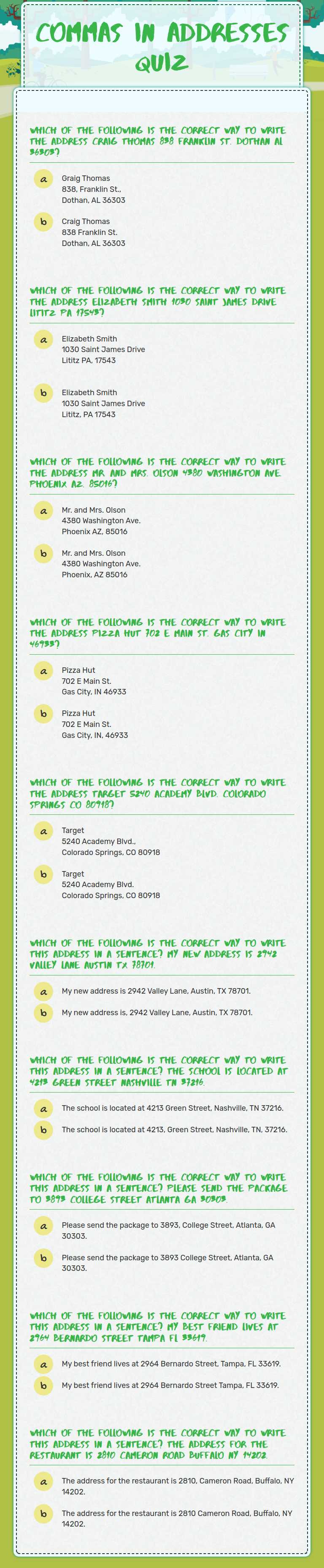 Commas in Addresses Quiz worksheet preview image