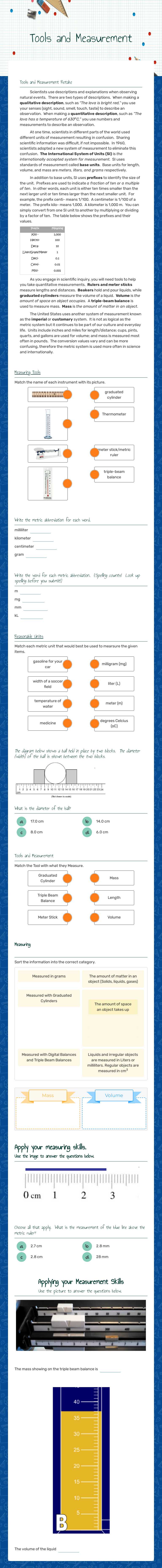 Tools and Measurement Grade 8 worksheet preview