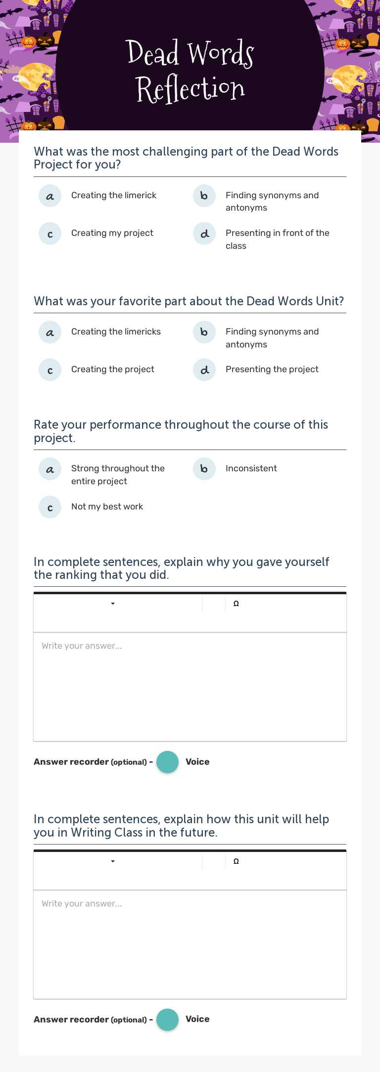 Dead Words Reflection worksheet preview image