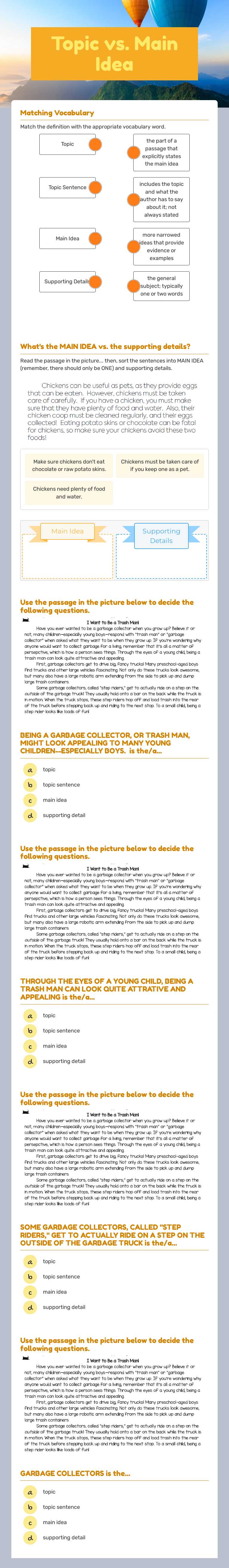 Topic vs. Main Idea worksheet preview image