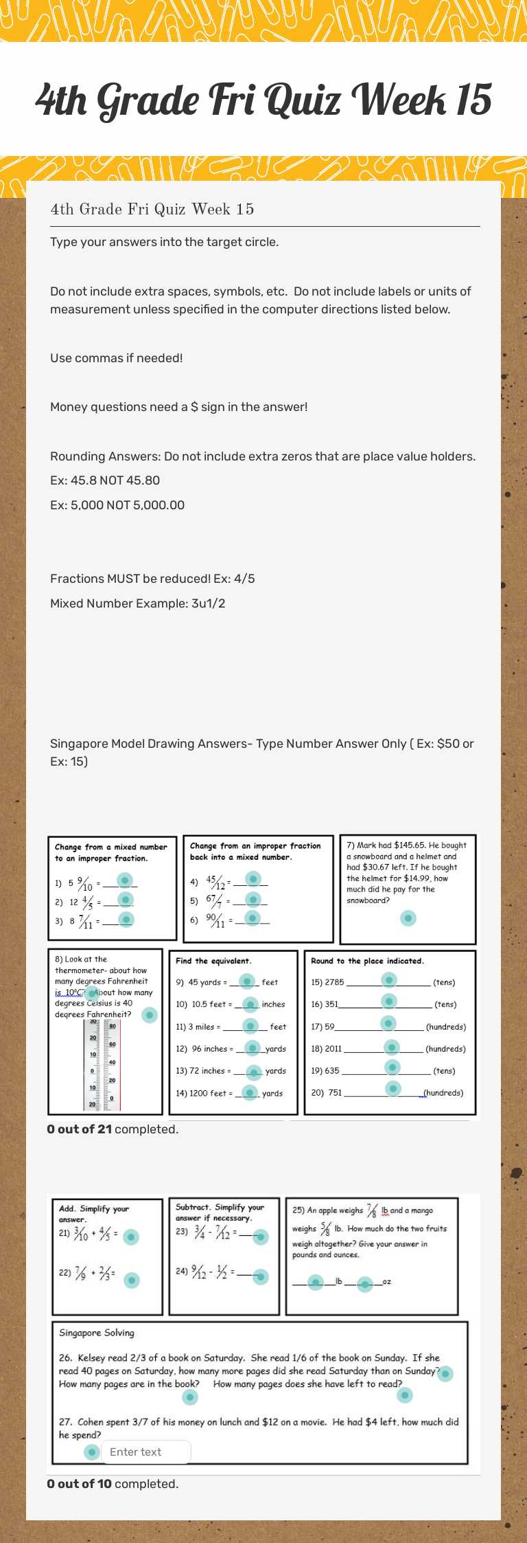 4th Grade Fri Quiz Week 15 worksheet preview image