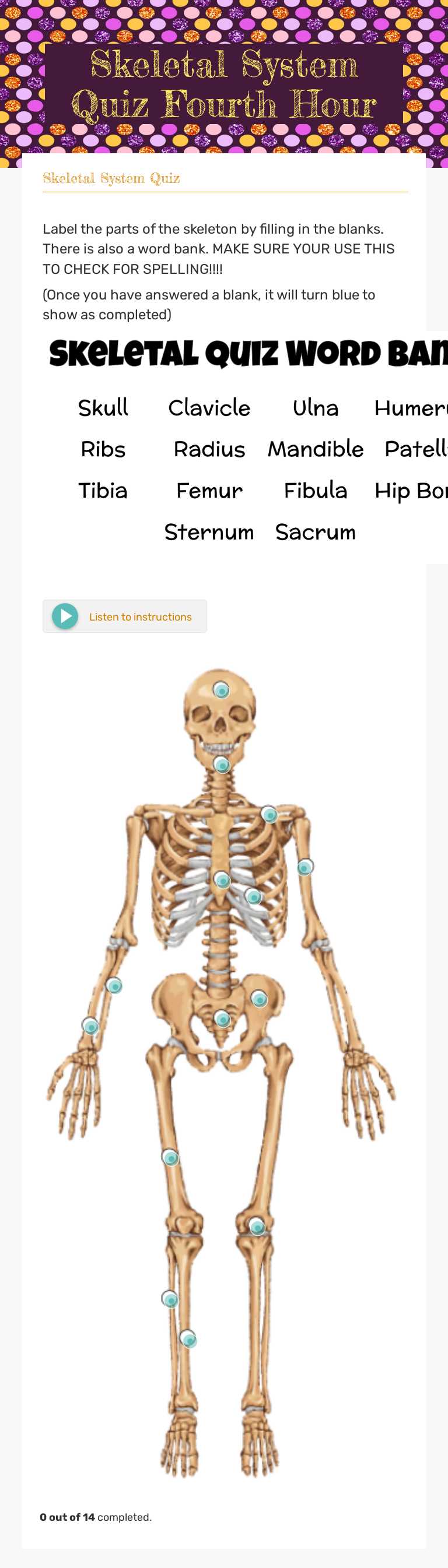Skeletal System Quiz
Fourth Hour worksheet preview image