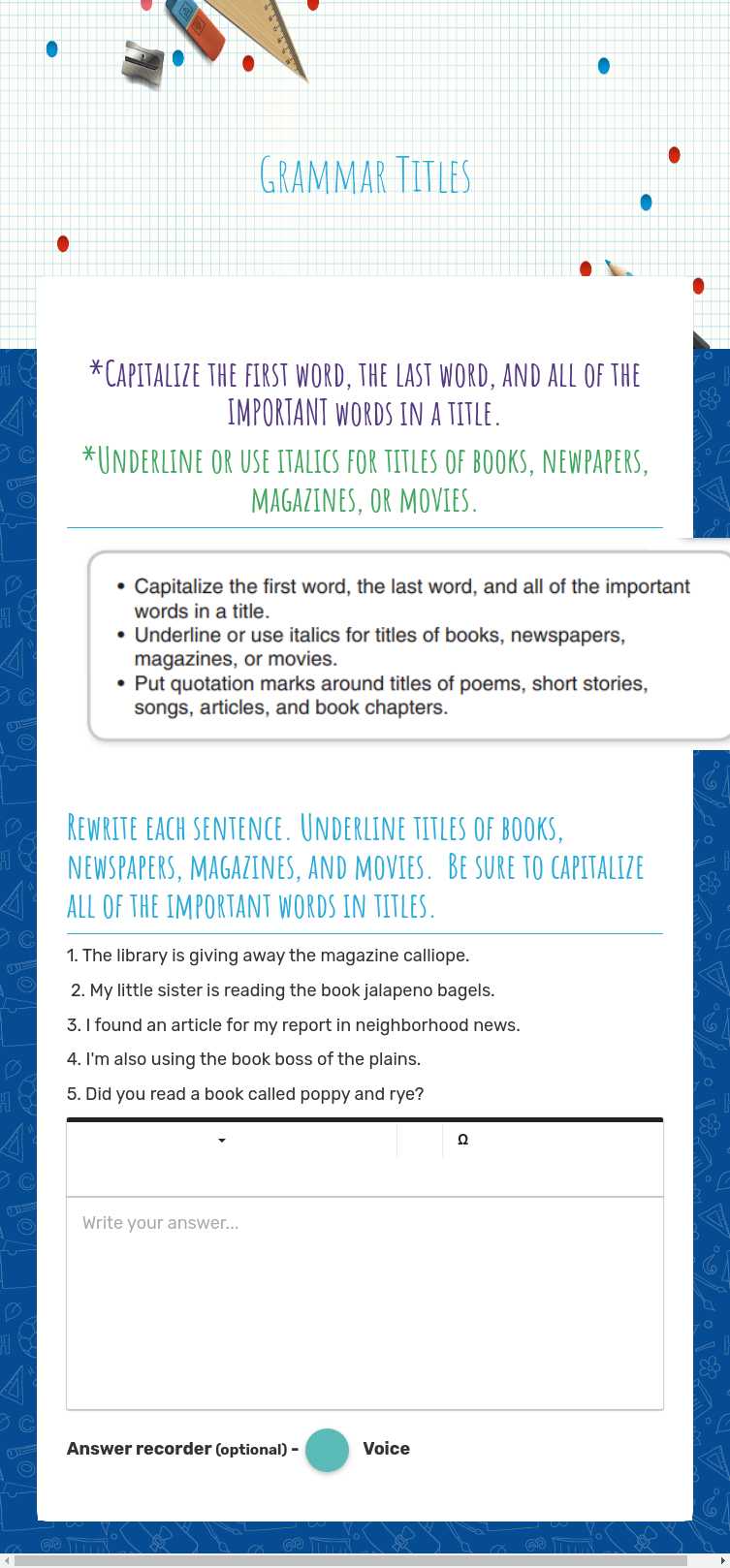 Grammar 
Titles Grade 5 worksheet preview