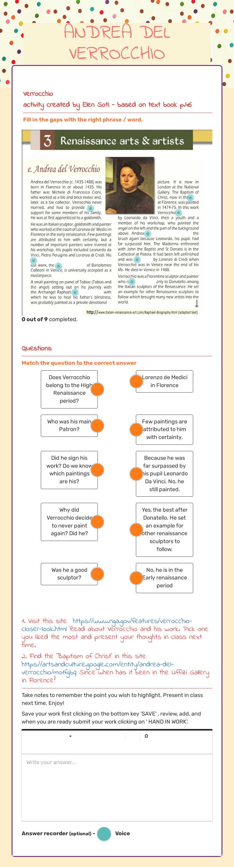 ANDREA DEL VERROCCHIO worksheet preview image