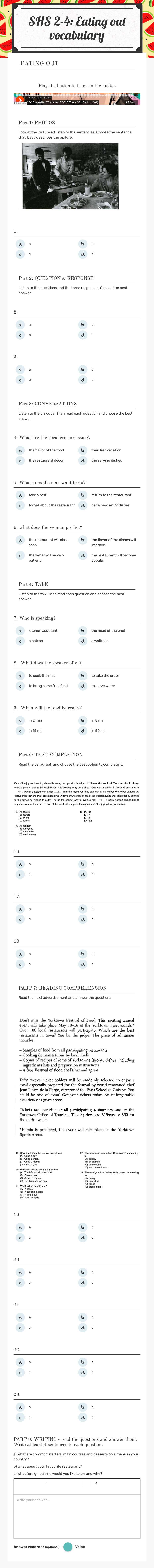 SHS 2-4: Eating out  vocabulary worksheet preview image