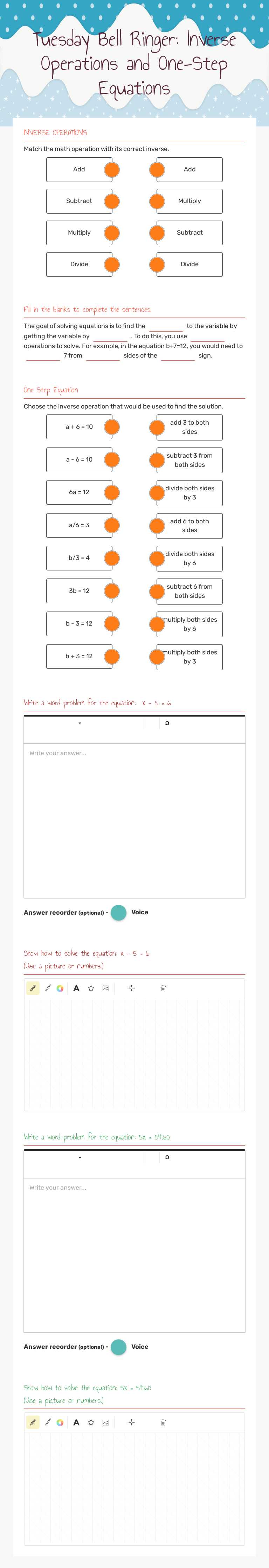 Tuesday Bell Ringer:     
    Inverse Operations and     One-Step Equations worksheet preview image
