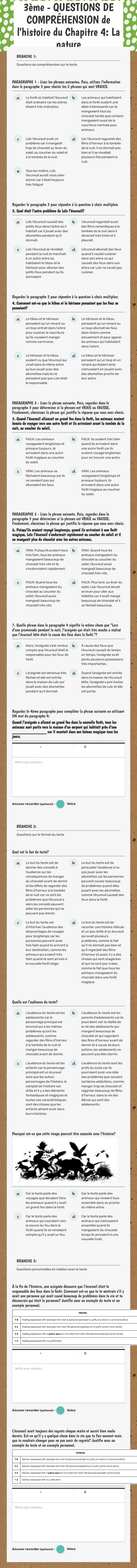3ème - QUESTIONS DE COMPRÉHENSION de l'histoire du Chapitre 4: La nature worksheet preview image